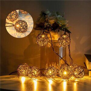 Rattan Ball String Lights Indoor Outdoor Boho Lantern LED Patio Bedroom Party De